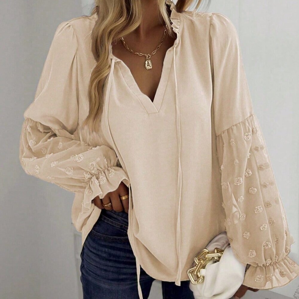 Apricot Casual Women's Swiss Dot Frill Trim Tie Neck Blouse with Ruffle